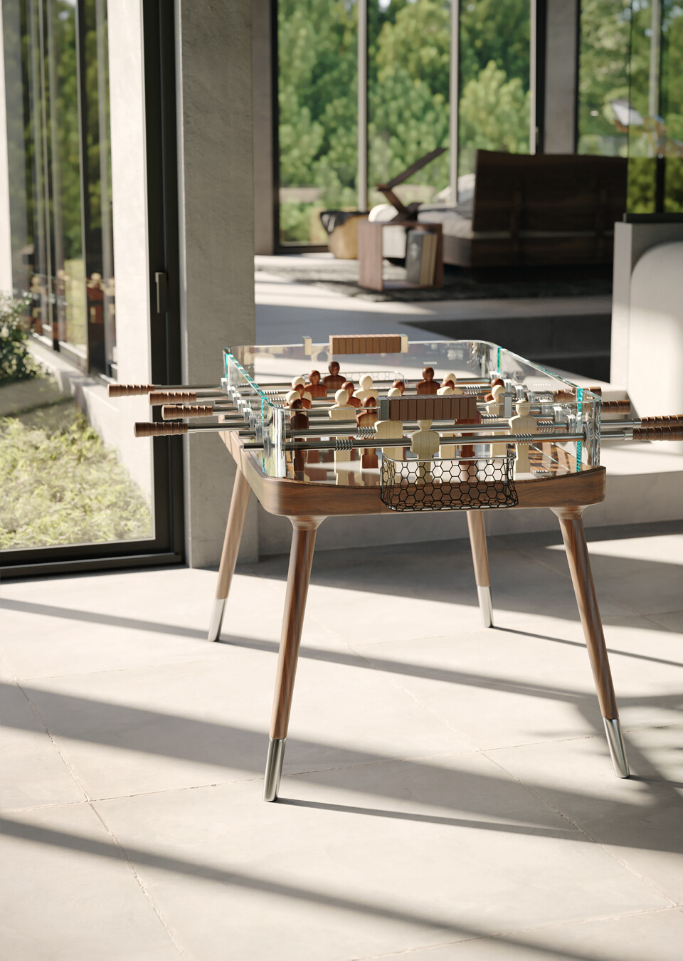 Vista de metegol de vidrio y madera